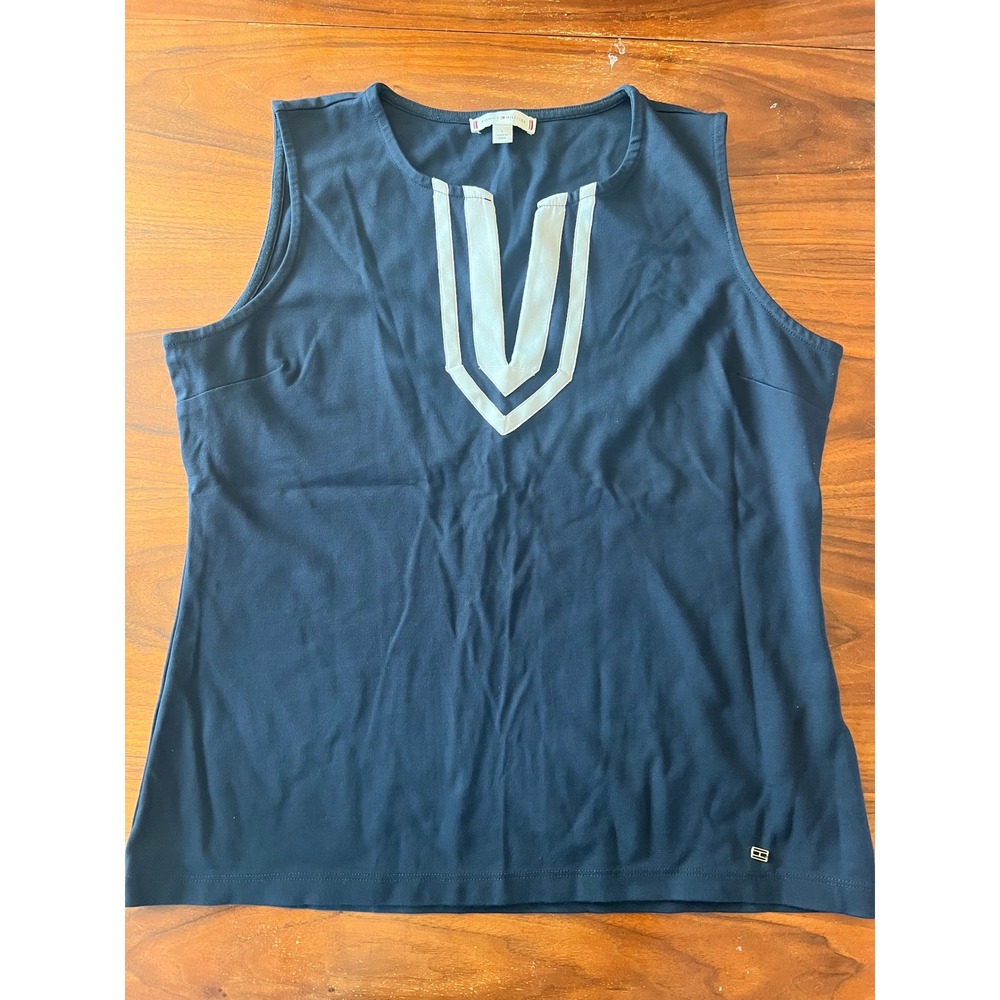 Tommy Hilfiger Womens Navy Blue White V-Neck Sleeveless Shell Top Size L